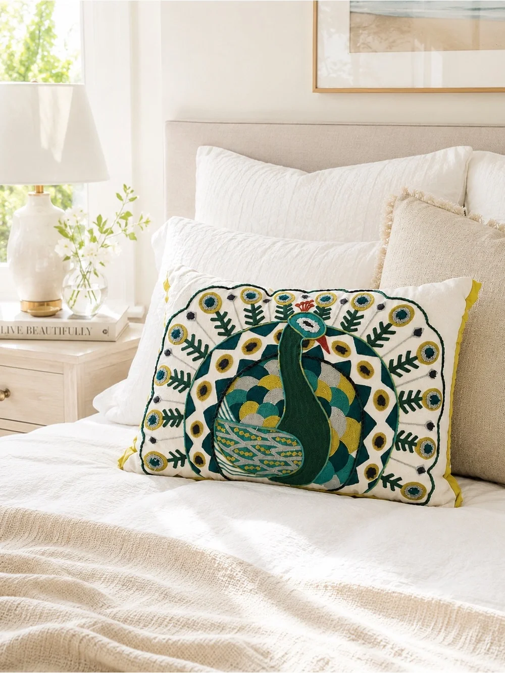 NWT Pier 1 Embroidered Peacock Throw Pillow Boho Decor Teal Green Yellow Accent